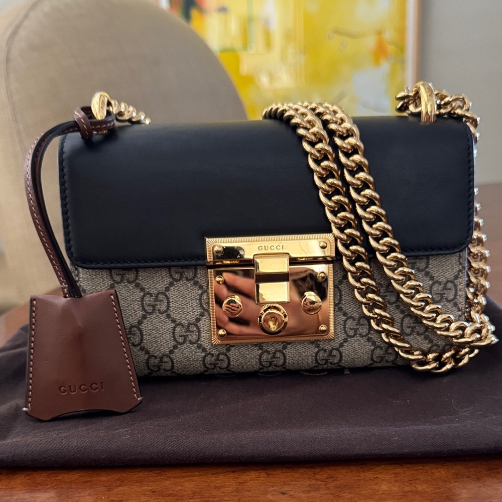 Gucci Black and Brown Crossbody Bag with Gold Accents